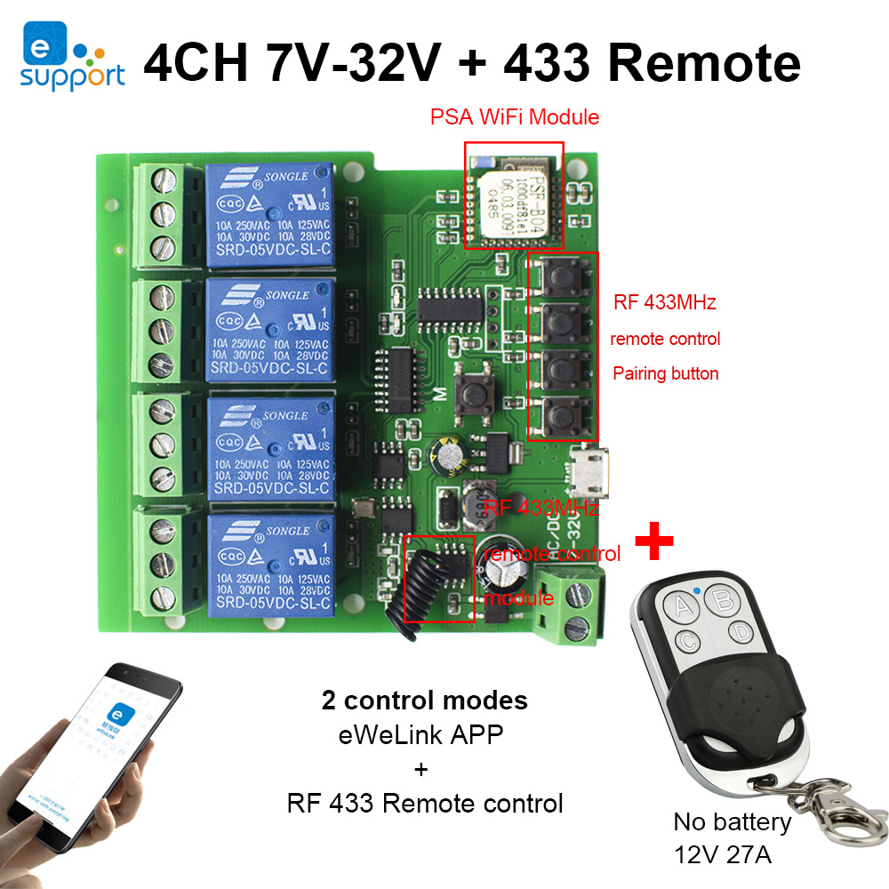 Módulo de interruptor de casa inteligente Ewelink, 4 canales, WiFi, 12V, 24V, 7-32V, 85-250V, 16A, Control remoto, temporizador, Alexa, Google Home: 7-32V RF NO shell