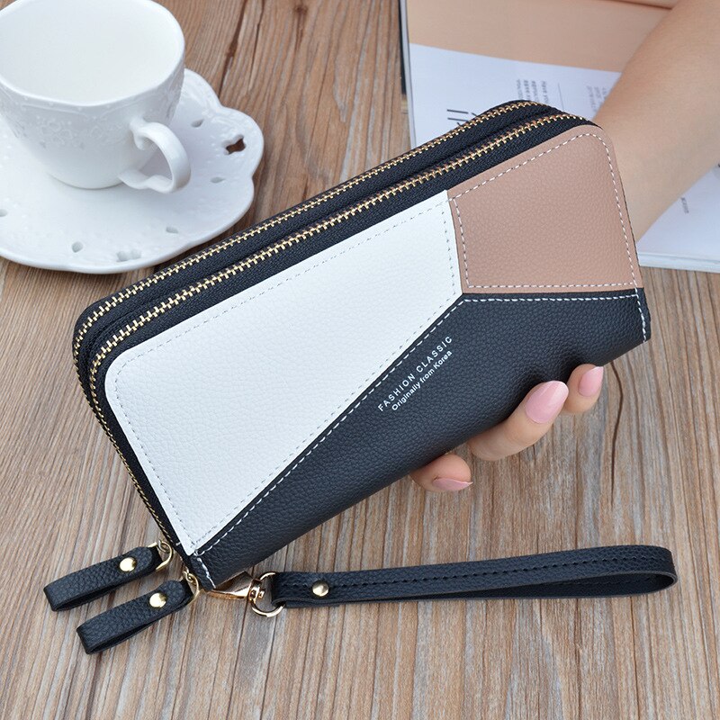 Women Zipper PU Leather Wallet Large Capacity Casual Simple Patchwork Waterproof Lady Wrist Band Handbag Card Phone Bag: Black