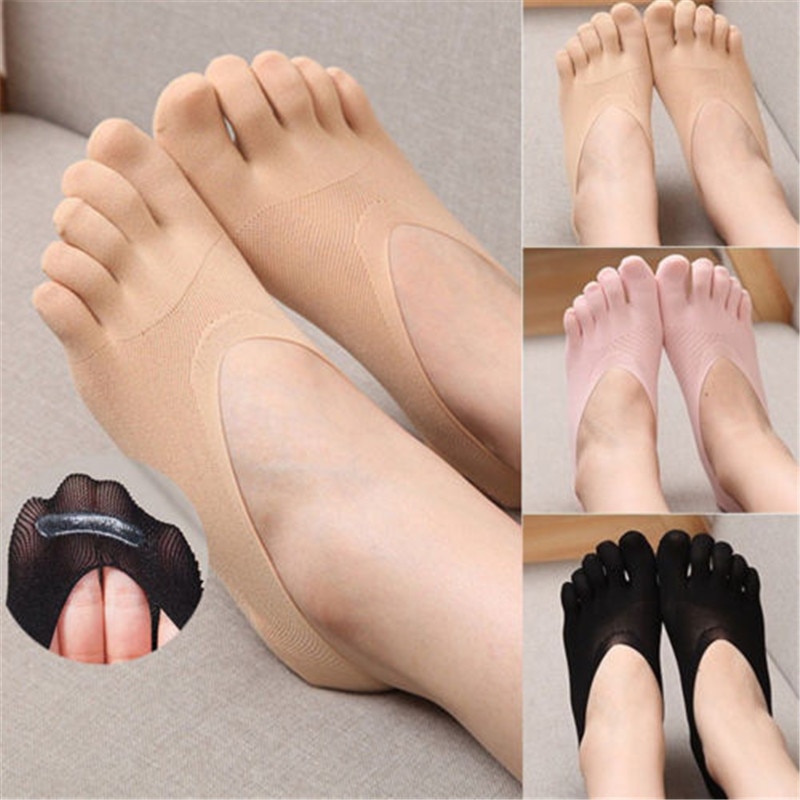 1Pair Women Solid Seamless Low Cut Sock Slippers Crew Ankle Five Finger Toe Boat Invisibility Non-slip Socks Slippers Hosiery