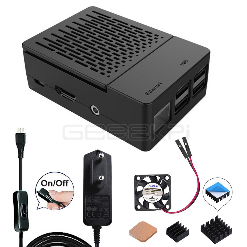 Geeekpi abs sort/hvid cover cover kabinet shell box + køleplader + køleventilator til raspberry  pi 3 b+  plus  / 3 b / 2 b: Sort med magt