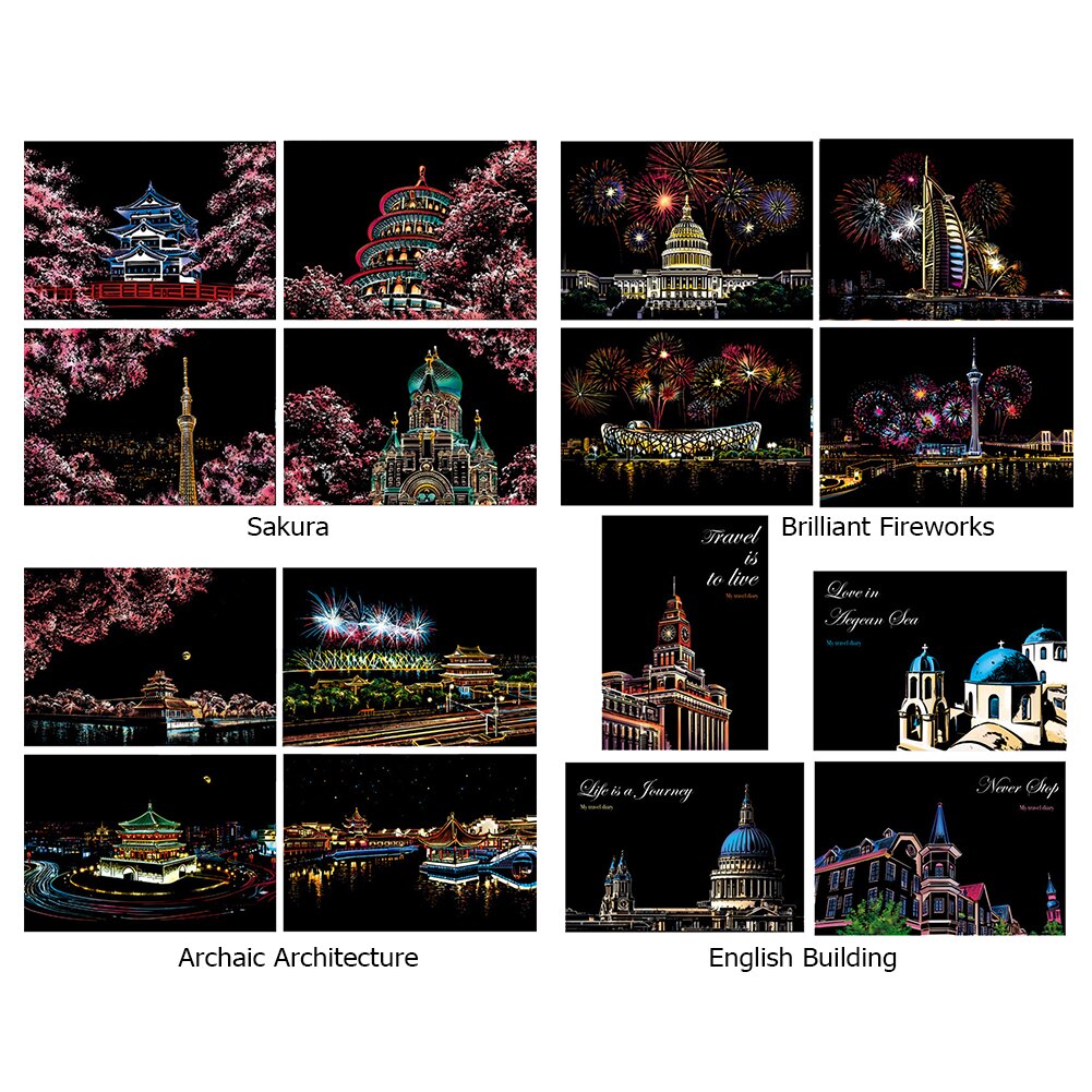 1Set 4pcs Scraping Painting Diy Scratch Art Paper Painting Paper Scraping Suit Children Hand Painted Tabletop Ornament Souvenir