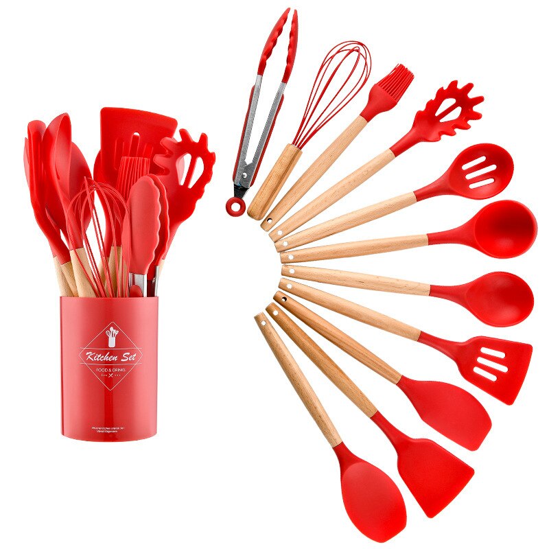 Juego de Utensilios de Silicona para la Cocina, Instrumentos para Cocinar, Espátula y Pala Antiadherente, Accesorio con Mango de Madera, con Recipiente de Almacenamiento: Red