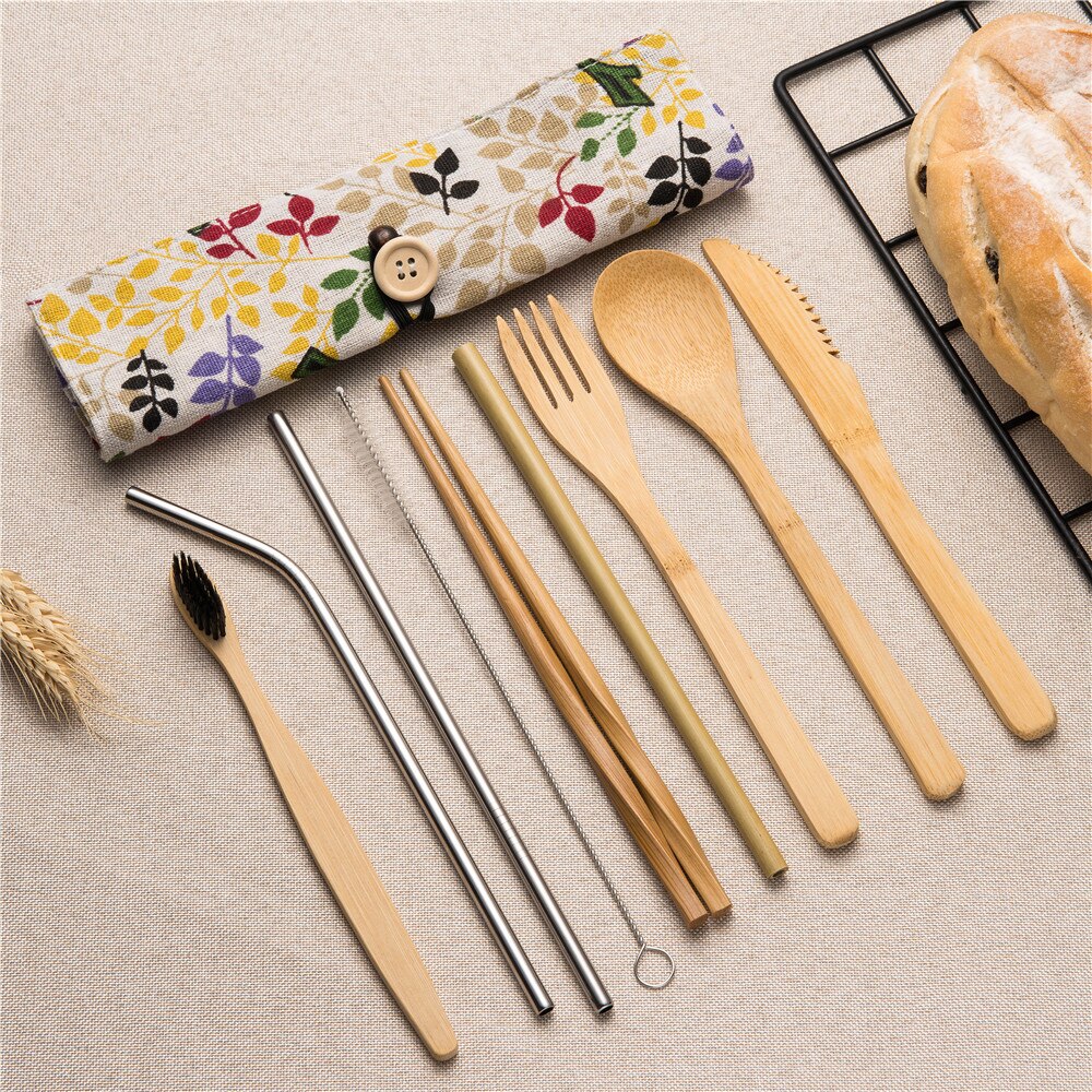 10 stuks Herbruikbare Bamboe Bestek Set Draagbare Servies Houten Bestek Vork Lepel Mes Set met Bestek Tas voor Travel Dinning set: 10pcs set006