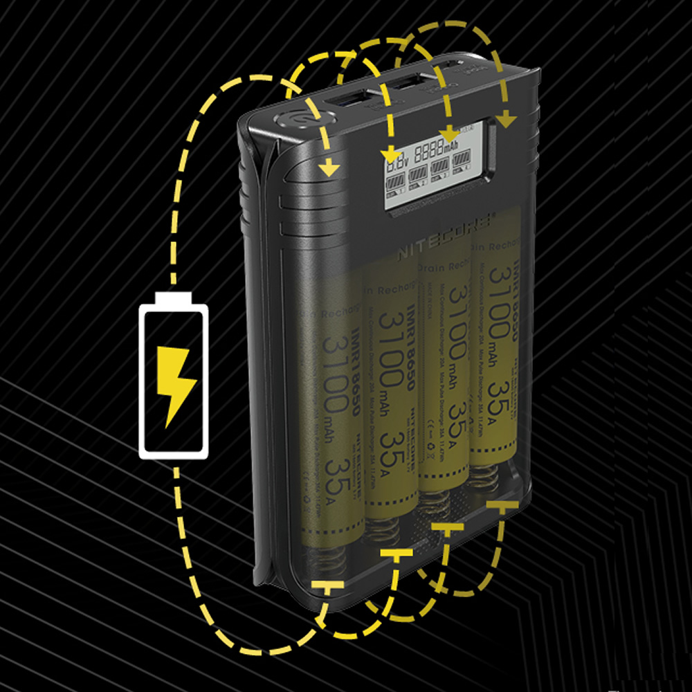 Nitecore  f4 flex bank 2 in 1 powerbank smart usb-oplader 4 slots 4a hurtig genopladning udendørs rejseeffekt uden 18650 batteri