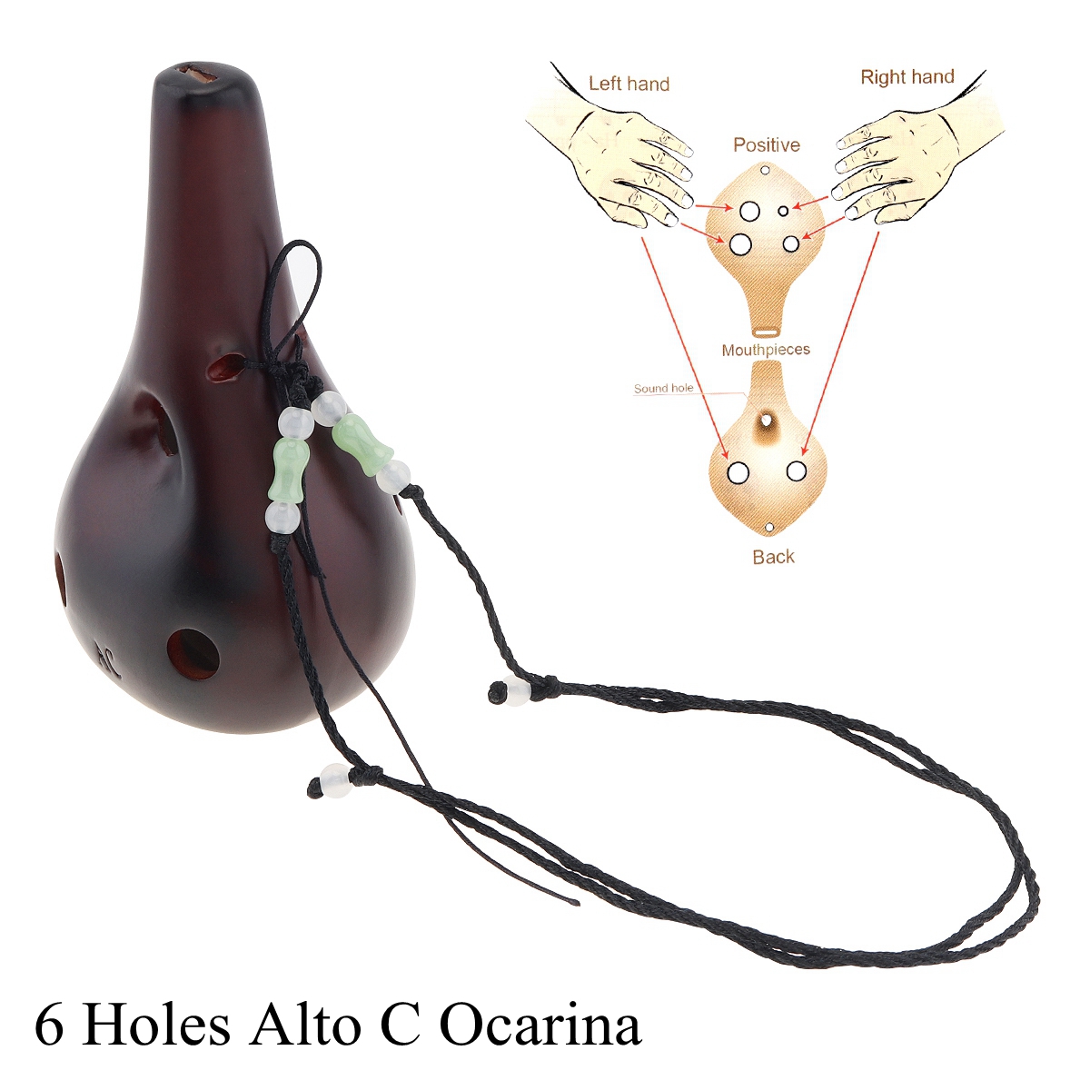 Alto ToneC – Instrument de flûte en céramique, 6 trous, Ocarina, poterie noire, glaçure fumée, pour débutant, avec corde de suspension