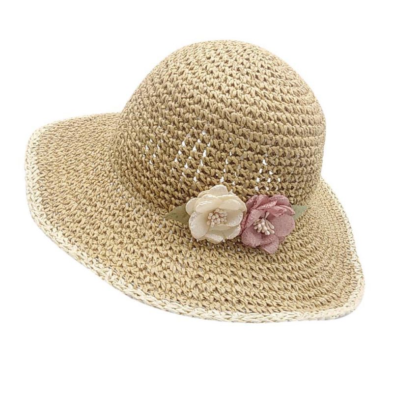 Zomer Leuke Kind Meisjes Strooien Hoed Zon Flora Hoed Kids Grote Rand Strand Schipper Strand Lint Ronde Platte Top: WHITE