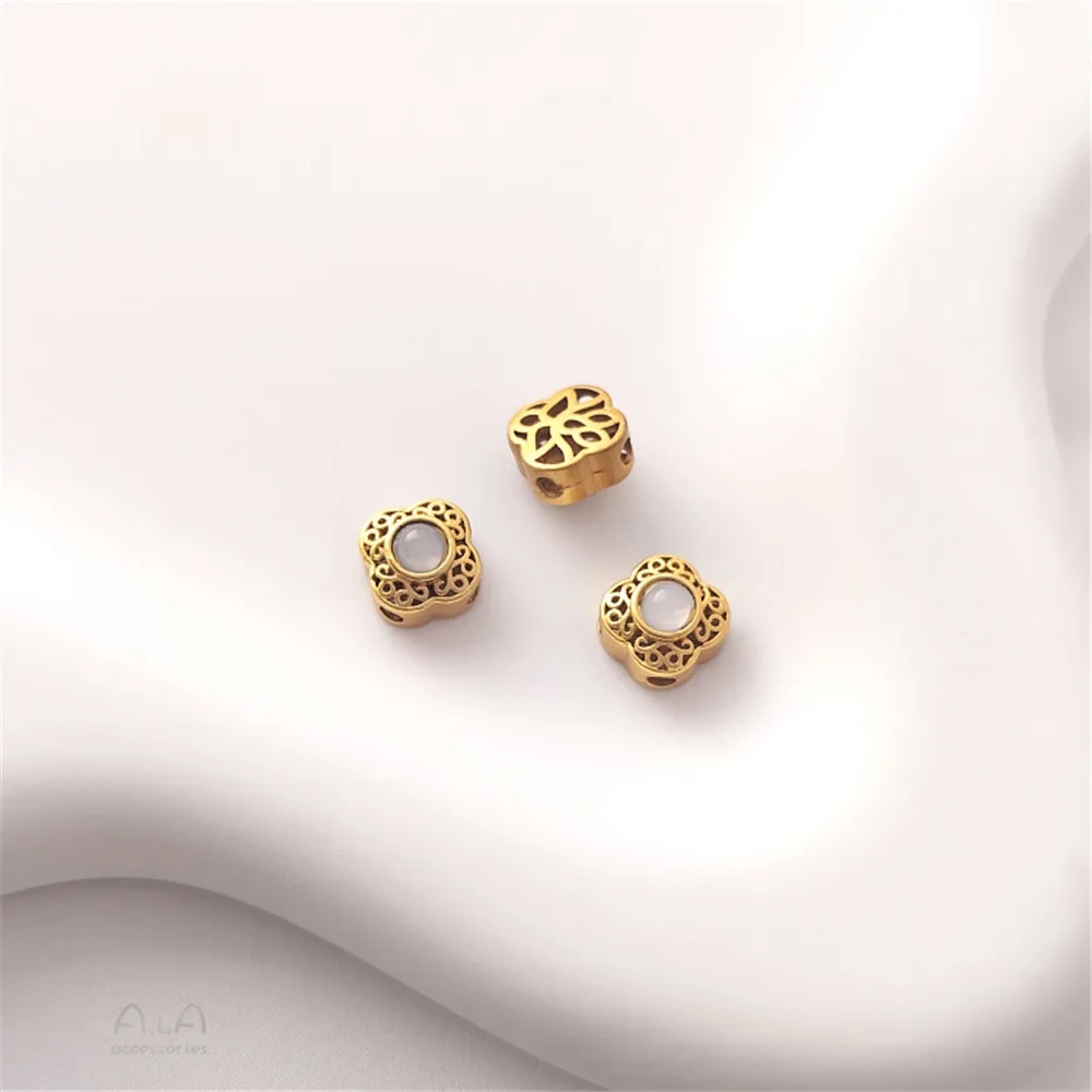 Cuentas de transferencia con incrustaciones de ópalo de imitación, accesorios de joyería hechos a mano, oro mate, chapado en cobre, Retro: PLATEADO