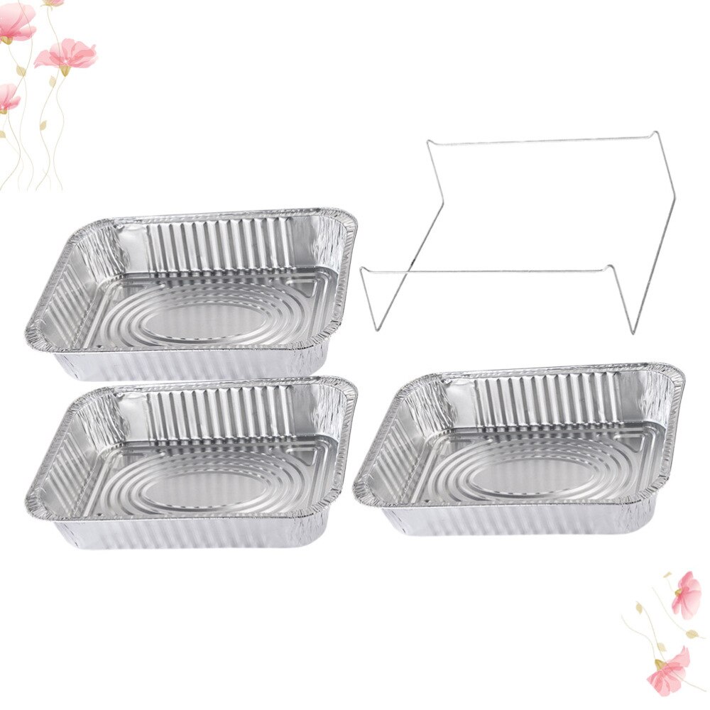 4 Stuks Wegwerp Bbq Drip Pan Aluminiumfolie Tin Barbecue Pan Voedsel Container Liner Trays Takeaway Verpakking Box Met Cover(3500Ml 3P: Silver