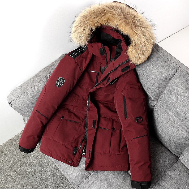 -30 Degree Couple Winter Down Jacket Men White Duck Down Parkas Coat Mid-length Large Fur Collar Down Thicken Coat Snow Overcoat: Wine red / XXXL