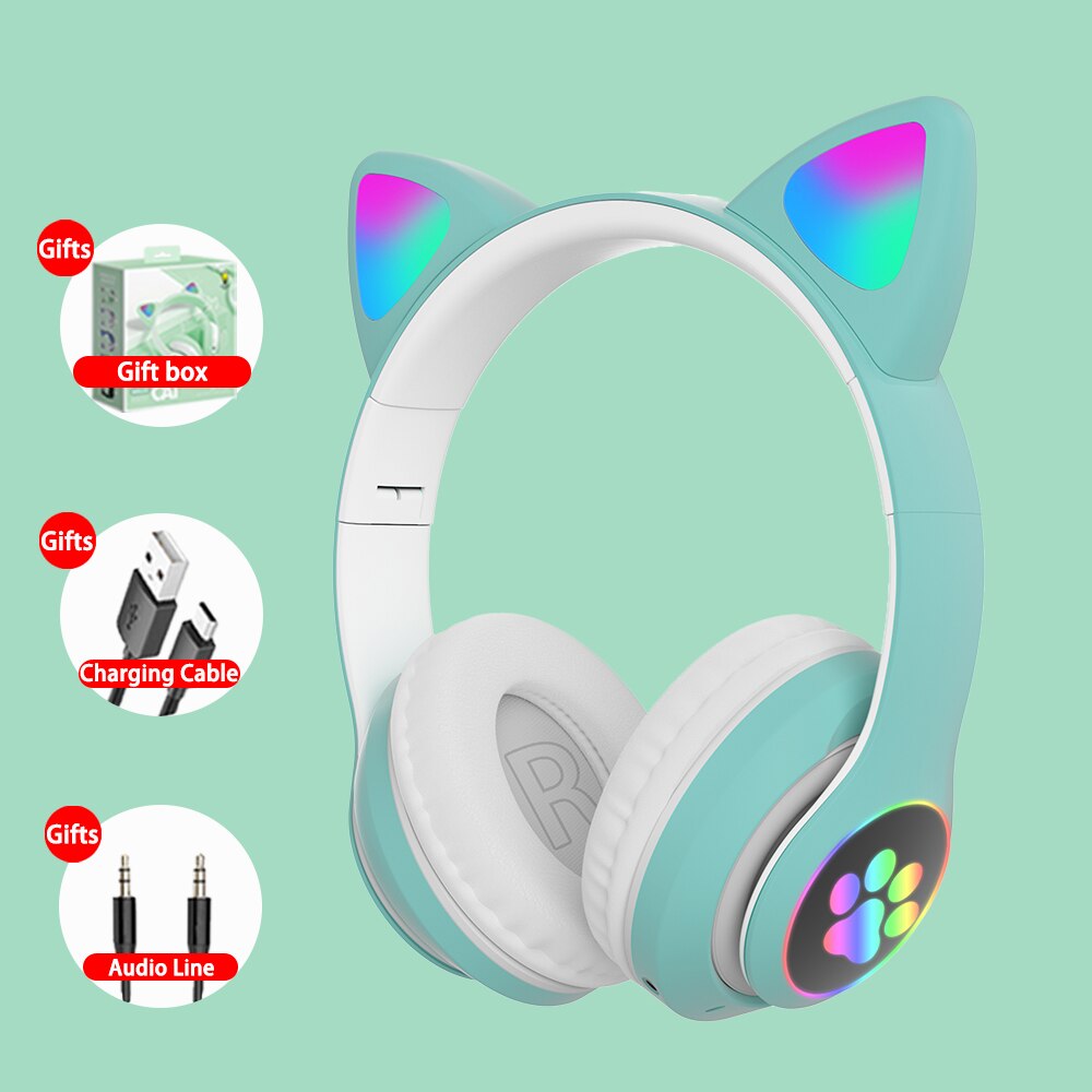 Cat Ears Cute Wireless Helmets Bluetooth Headphone Big Wireless bluetooth Headset LED Kid Girl Helmet Phone Headset Earbud: Green  Headsets