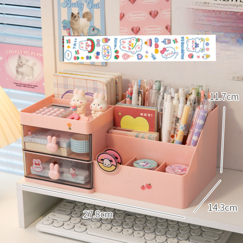 Organizador multifuncional de portalápices Kawaii, caja de almacenamiento de lápices de papelería de escritorio, cajón de escritorio, caja de almacenamiento multicapa Ins bonita: green