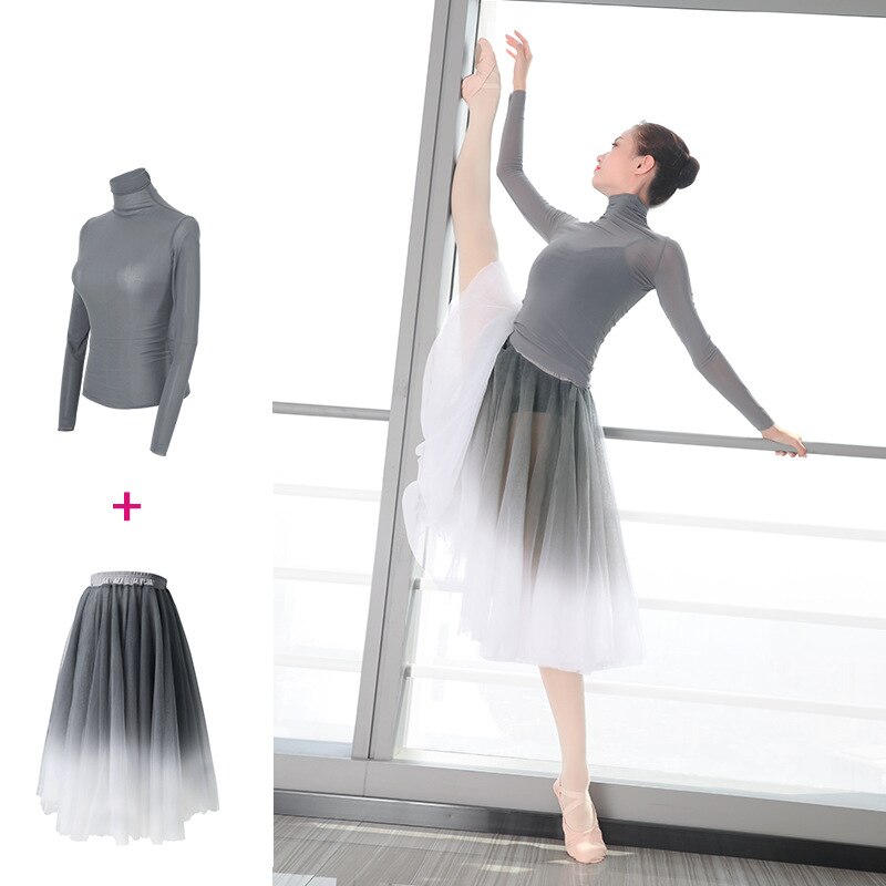 1pcs/lot vintage Women Ballet costumes Adults Dance long sleeve top Skirts Adults Soft Gradient Gray Ballet Dress