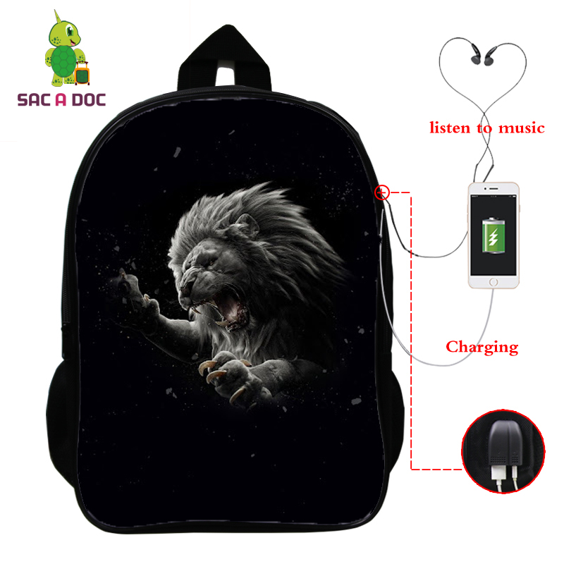 Laptop-rucksack für jungen und mädchen, reise- und schulrucksäcke mit 16- zoll-usb-ladeanschluss, löwenmuster, 3d schultaschen für teenager
