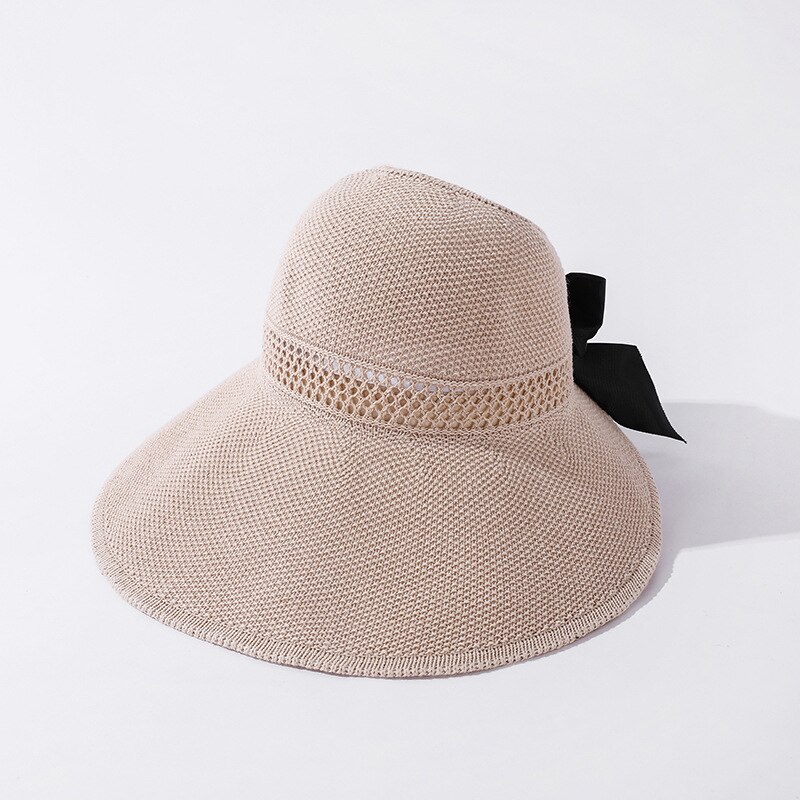 Zomer Boog Zon Hoeden Lege Top Hat Vrouwen Uitsparing Strand Hoed Vrouwen Zon Cap Lint Knit Raffia Zonnehoed uv Protction Caps: Beige