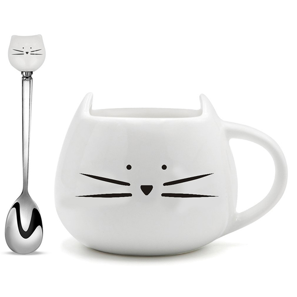 Keramiska söta kattmuggar med sked kaffe te mjölk djurkoppar med handtag 400ml drinkware nice: Vit