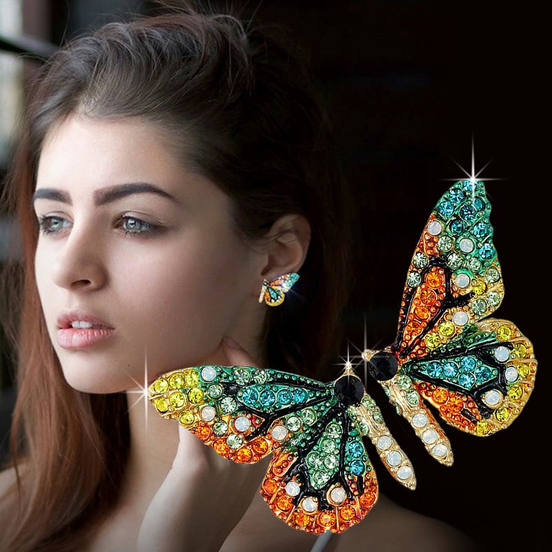 nouvelle papillon ailes boucles d'oreilles femme strass sauvage personnalité métal boucles d'oreilles doux romantique bijoux