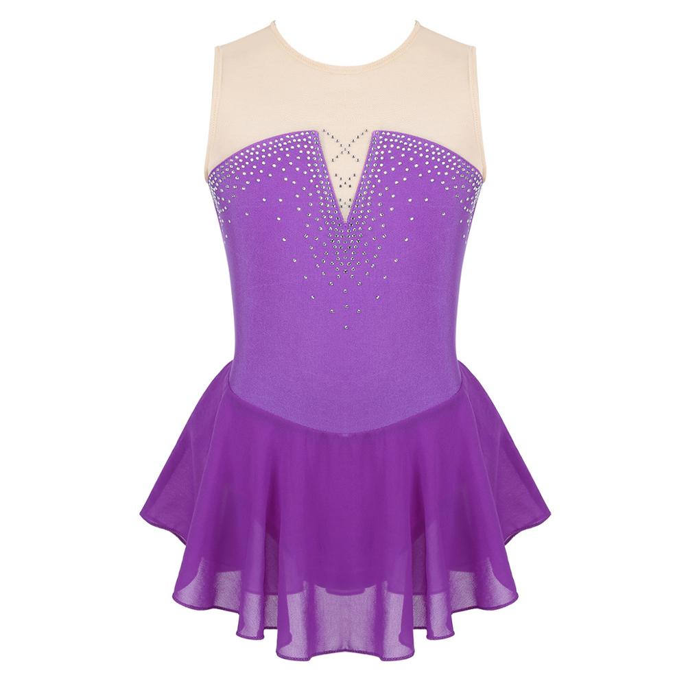Îmbrăcăminte de dans din plasă cu strasuri strălucitoare pentru copii, costum de performanță pentru competiție, balet, gimnastică, tricou pentru fete, rochie de patinaj artistic: Violet / 14