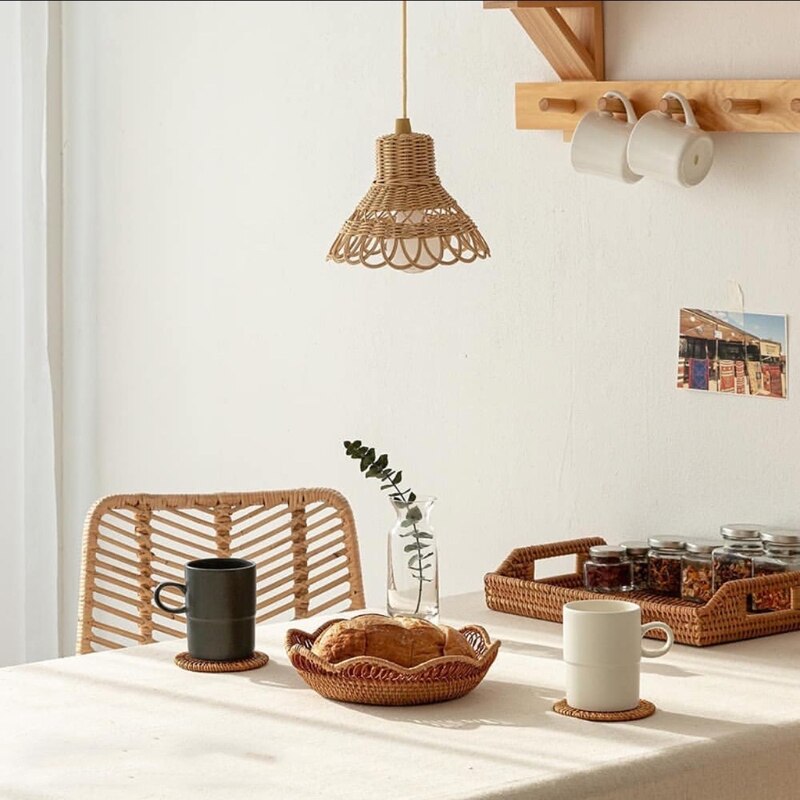 Hand-woven Natural Rattan Lampshade Chandelier Hanging Light Shades for Bedroom Living Room Homestay