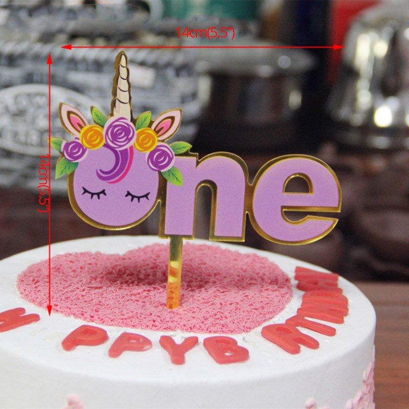 1pc tillykke med fødselsdagen kage topper farverig akryl unicorn flamingo blomster ballon til unicornio fest dekoration dessert: 8