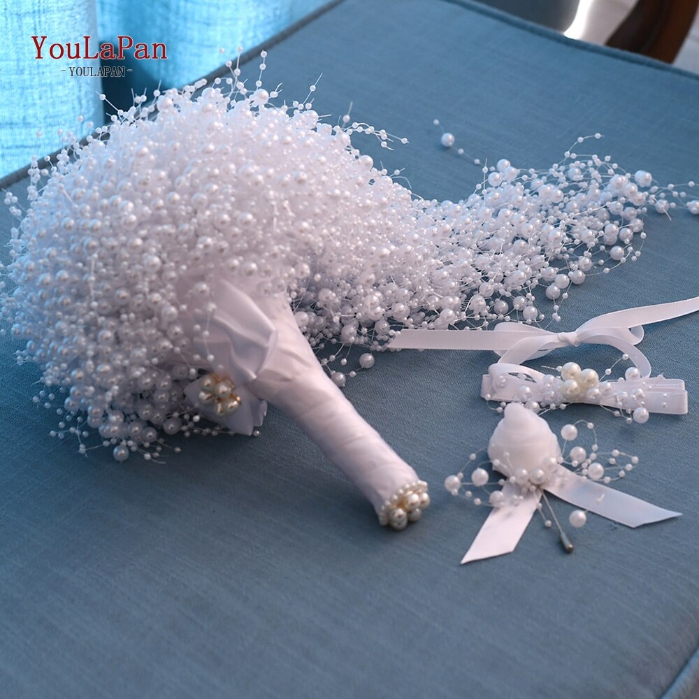 YouLaPan F24 Wedding Bouquet with Pearl Wedding Flowers Bridal Bouquets Bride Bouquet White Ivory Bridal Bouquet