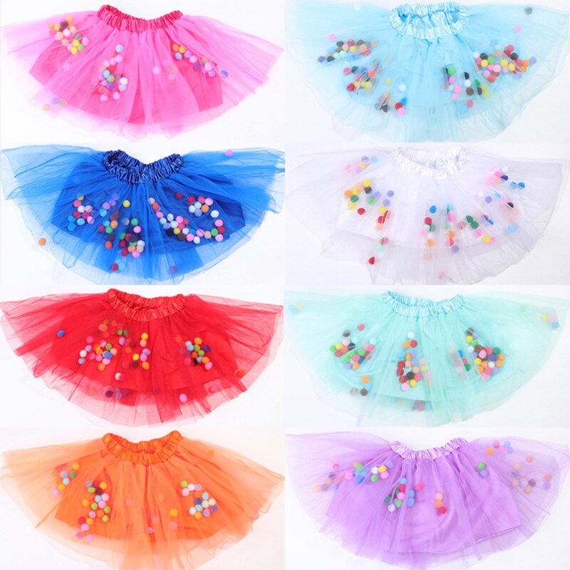 Kids Girls Ballet Layered Fluffy Tulle Tutu Skirt with Rainbow Pom Pom Puff Ball