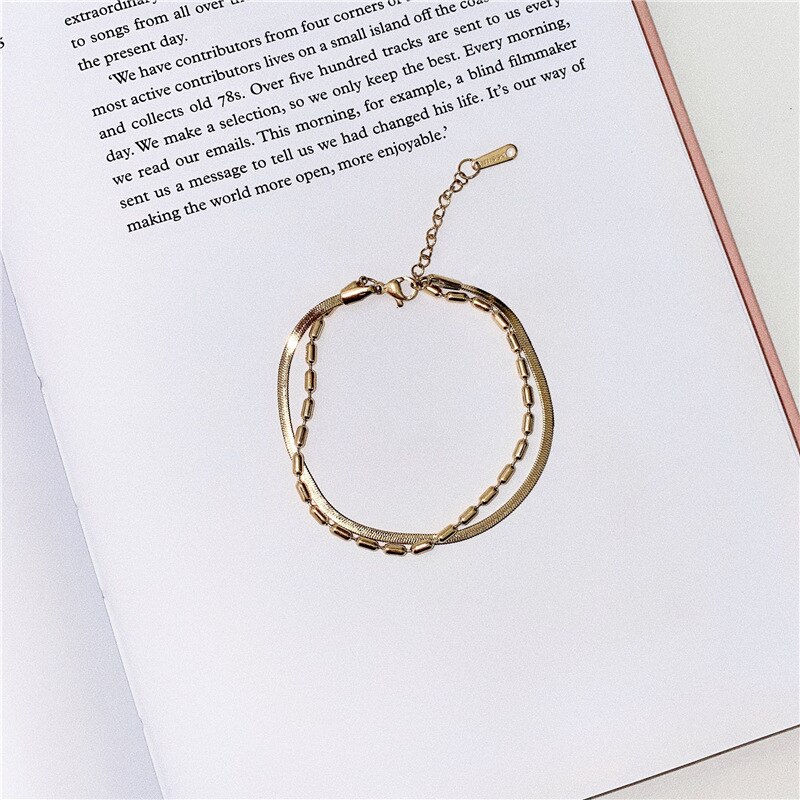 Huanzhi 2020 novo design simples metal redondo frisado dupla camada cobra corrente pulseira pulseiras para mulheres menina festa de verão jóias: A