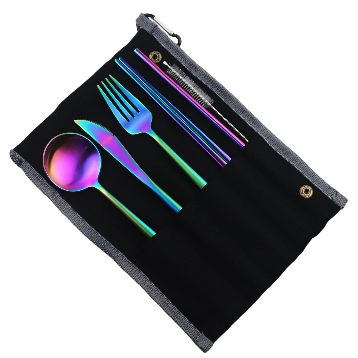 Rainbow Knife Fork Spoon Chopsticks Straw Set Portable Flatware Metal Travel Storage Cutlery Set Picnics Offices BBQ Accessories: Black A Bag Rainbow