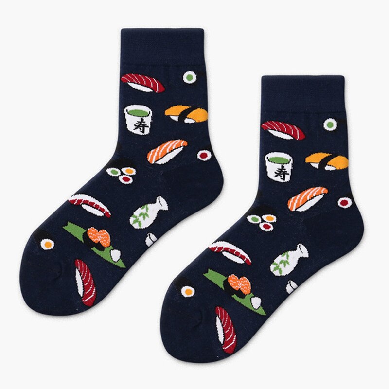 Nowość kobiety szczęśliwe śmieszne skarpetki Sushi Sashimi jedzenie śliczne bawełniane skarpetki japońska moda Harajuku długie skarpetki damskie nowe kreskówki Sox: czarny