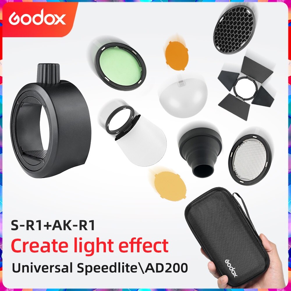 Godox AK-R1 + S-R1 Schuurdeur, Snoot, Kleur Filter, Reflector, Honingraat, diffuser Bal Kits Voor Godox AD200 H200R V1 Flash Hoofd