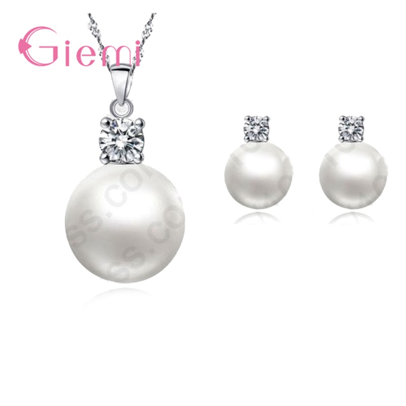 Top 925 Sterling Zilveren Sieraden Set Parels Met Kristallen Hanger Ketting Stud Oorbellen Voor Vrouwen Bruiloft