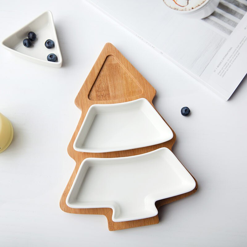 4Pcs/set Christmas Tree Dish Dinnerware Salad Cake Fruit Dessert Candy Ceramic Dishes Porcelain Plates Tray Tableware Set Xmas