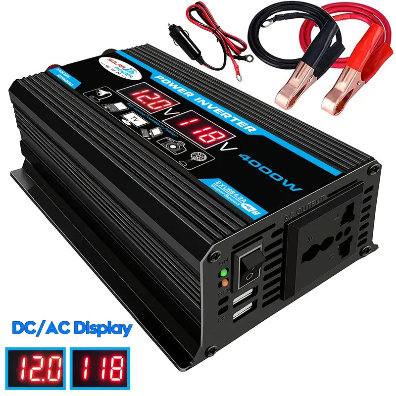 4000 W DC12 V auf 110 V/220 V tragbarer Konverter DC-AC-Wechselrichter mit Eingangs-/Ausgangsspannungsanzeige, 1 AC-Buchse, 2 USB, geeignet für Auto: Weiß