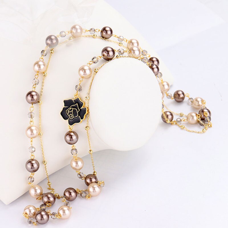 Brand Lange Gesimuleerde Parel Ketting Voor Vrouwen Camellia Dubbele Laag Hanger Lange Ketting Partij Sieraden: Gold