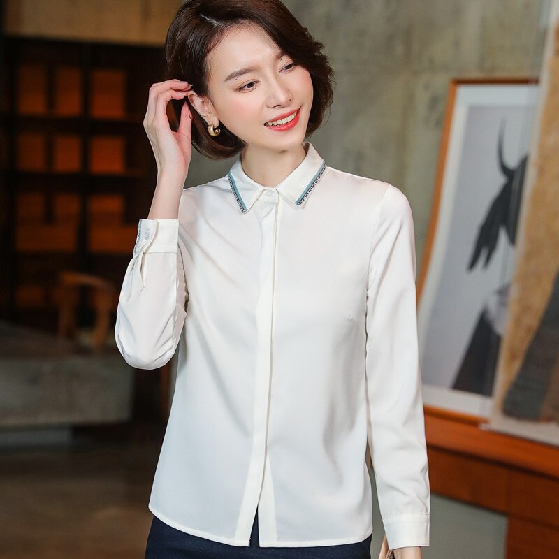 Navy Blue Satin Chiffon Shirt Women Spring Simple Tops Long Sleeve High End Formal Work Blouses White