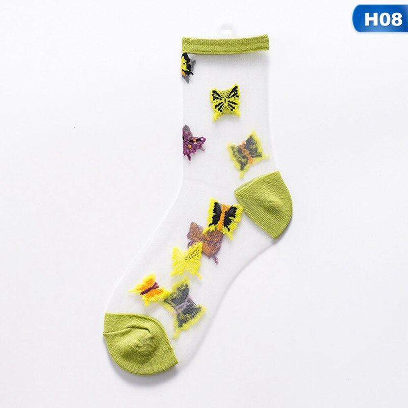 Spring Summer Tube Cotton Socks Breathable Casual Sports Socks Cartoon Animal Transparent Crystal Socks Card Silk Ladies Socks: H08