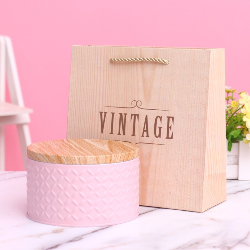 Caja de hierro de grano de madera de alta gama, caja cuadrada de Metal, embalaje de galletas, turrón de Chocolate, de dulces de Navidad, caja de almacenamiento para el hogar, 1 ud.: Round Pink