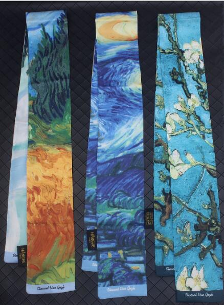 9X120Cm Van Gogh Olieverf Multifunctionele Tas Sjaals Skinny Sjaals Zijden Sjaal Vrouwen hoofd Sjaal Pols Handdoek