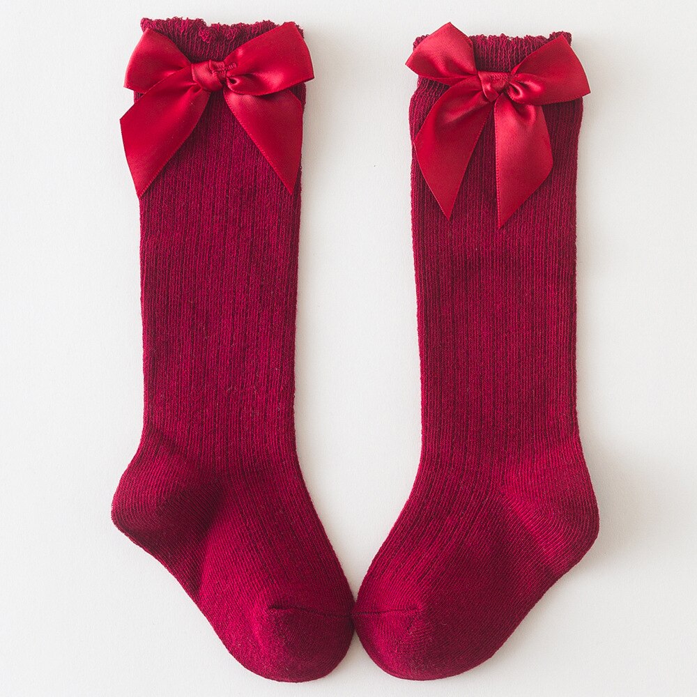 Balleenshiny – chaussettes pour enfants, en coton, avec gros nœud aux genoux, longues et douces, en dentelle, pour bébés filles: Wine Red / for 1-3years