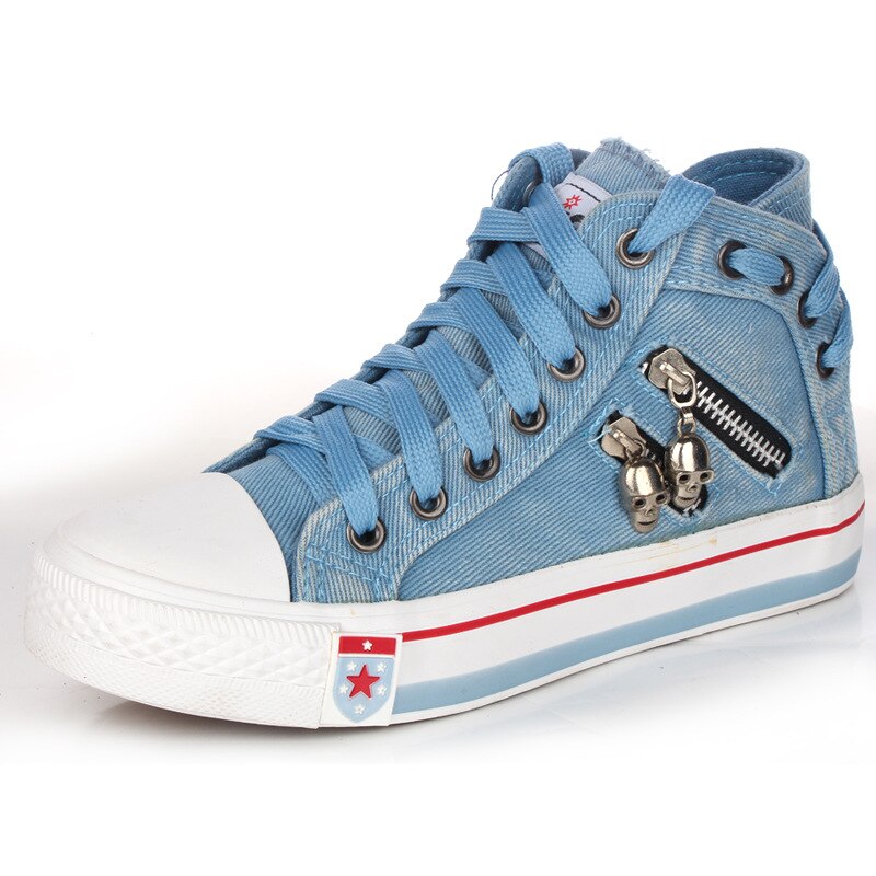 Vulkaniseren schoenen dames canvas chic high top denim vrijetijdsschoenen dames all-match platte rits walkin koreaanse dames ademend: Lichtblauw / 40