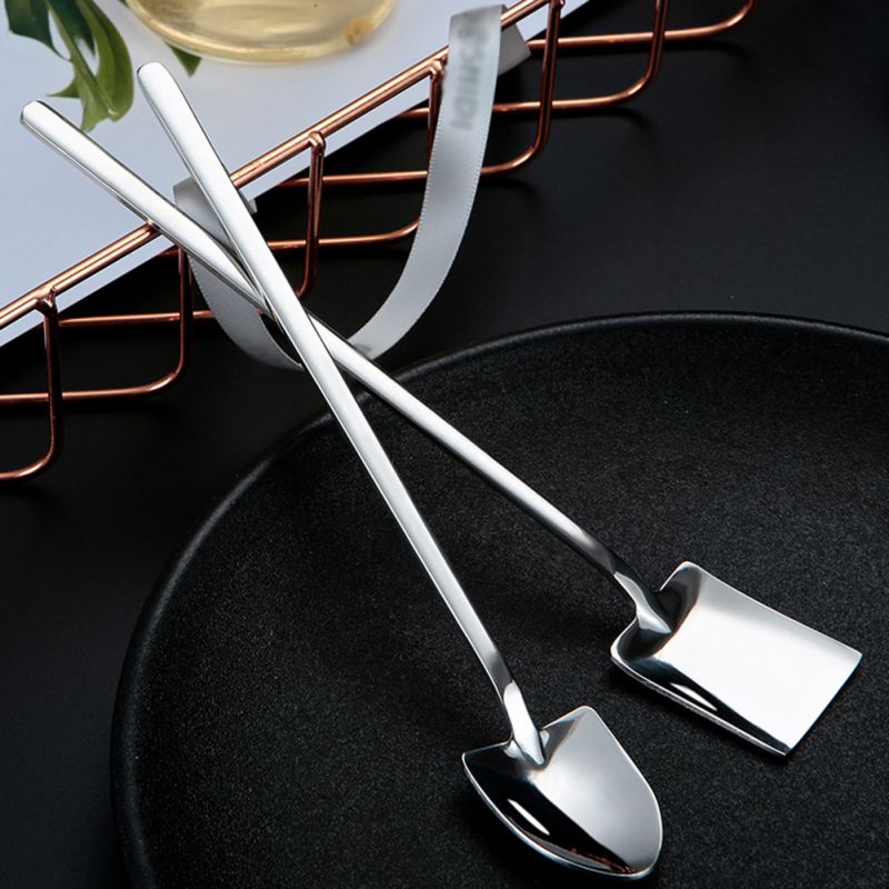 304 Stainless Steel Spoon Retro Industrial Flat Tip Shovel Shovel Dessert Long Handle Stirring Ice Spoon