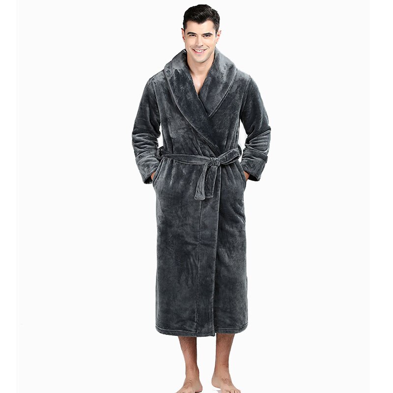 Men Autumn and Winter Style Robe Sex Robes Men Nightgowns Long sleeve Pajamas Flannel Mens Robe Fleece Bathrobe: Gray / L