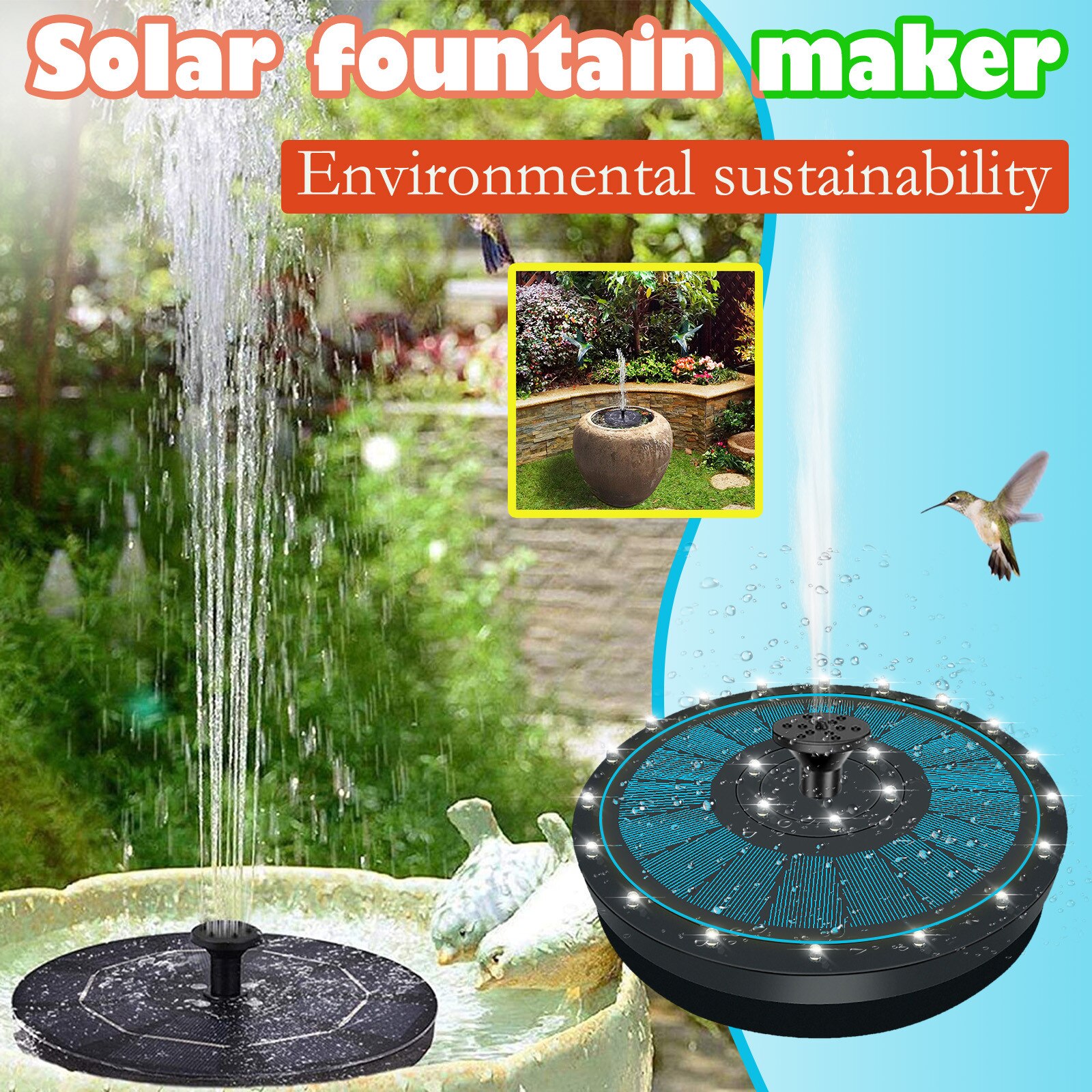 24led Solar Fontein Pomp Draagbare Drijvende Zonne-energie Fontein Pomp Voor Vogelbad Achtertuin Vijver Zwembad Decor: Default Title