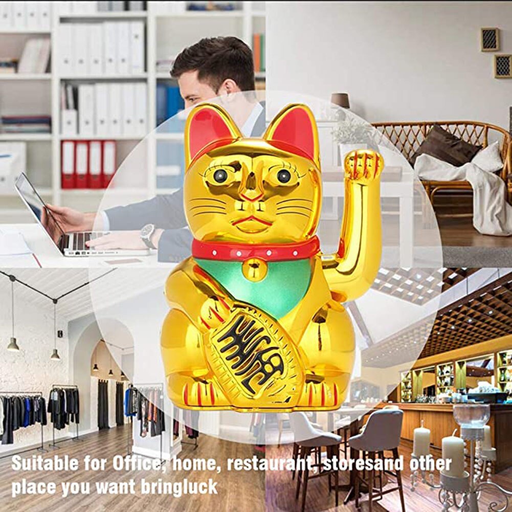 Lucky Fortunes Cat Japanese Gold Lucky Cat with Waving Arm Battery Operated Restaurant Decoration Cute FP8