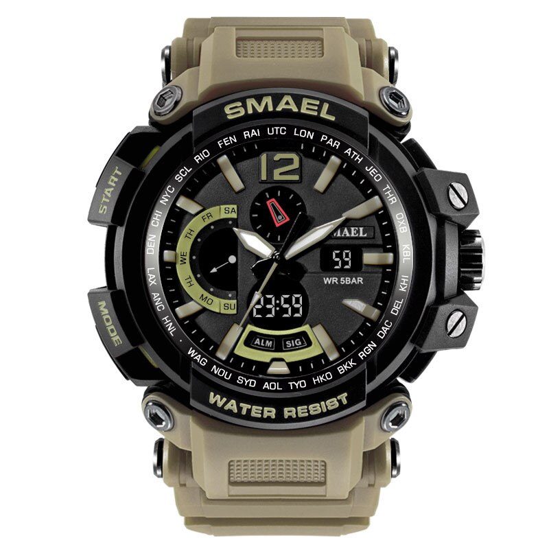 Snelle Levering Smael Mannen Sport Shock Horloge 30M Waterdicht Mannen Klok Dual Display Analoge Digitale Led Elektronische Horloges: Khaki 