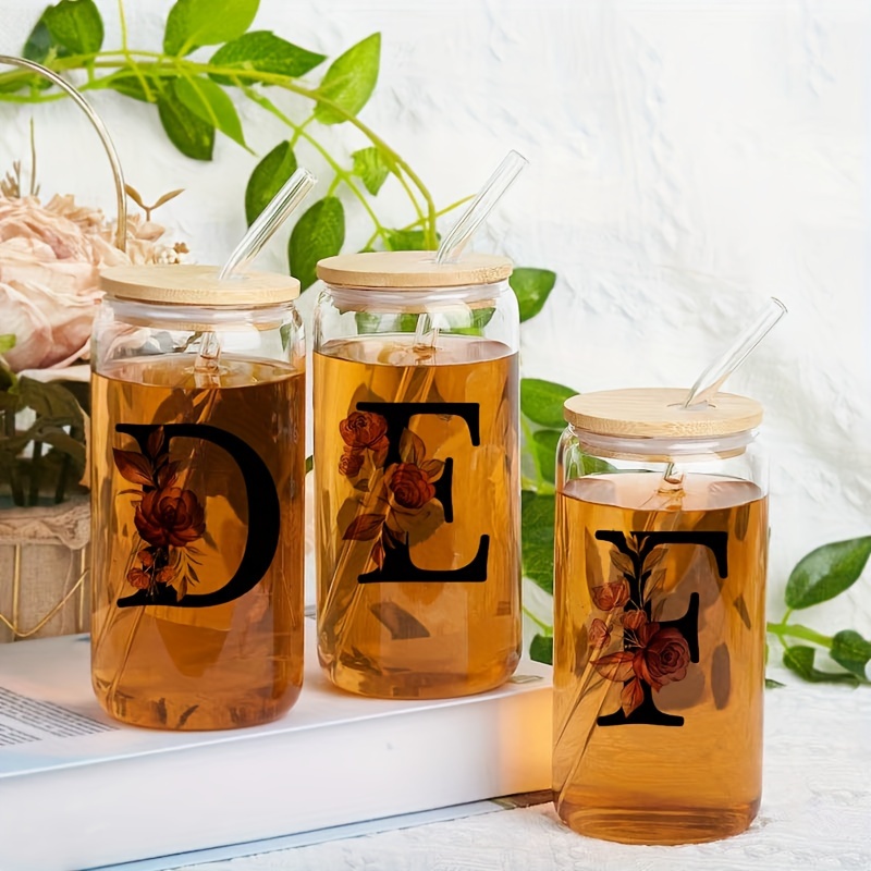 Alphabet Flowers Drinking Glass Letter A-Z Iced Coffee Water Juice Bottle Portable Clear Cup with Lid Straw Brush Birthday