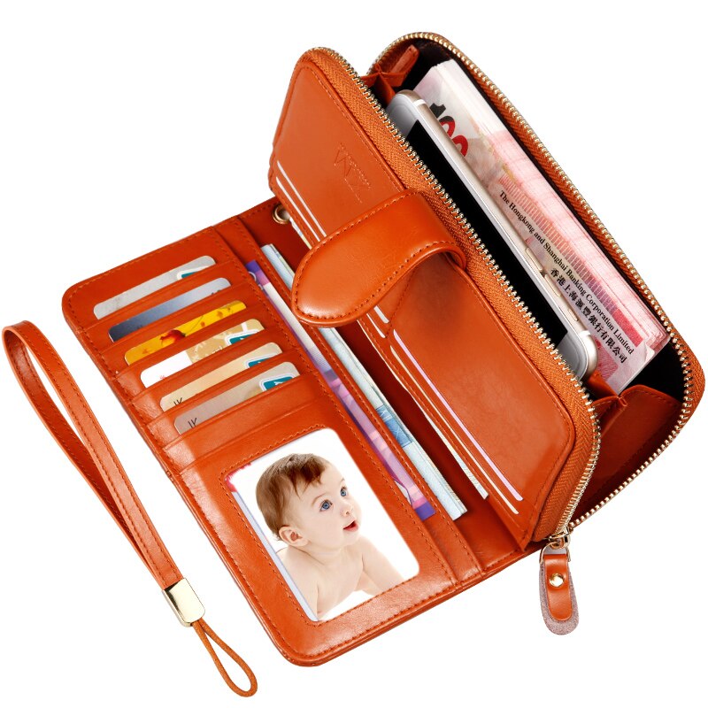 Frauen brieftasche Top Wachs öl haut material lange geldbörse zipper clutch bag armband haspe telefon brieftasche frauen brieftaschen und geldbörsen