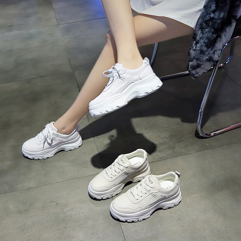 Chunky Sneakers Women Shoes Woman Flats Lace Up Thick Bottom High Heels Platform Students White Casual Shoes Plus Size