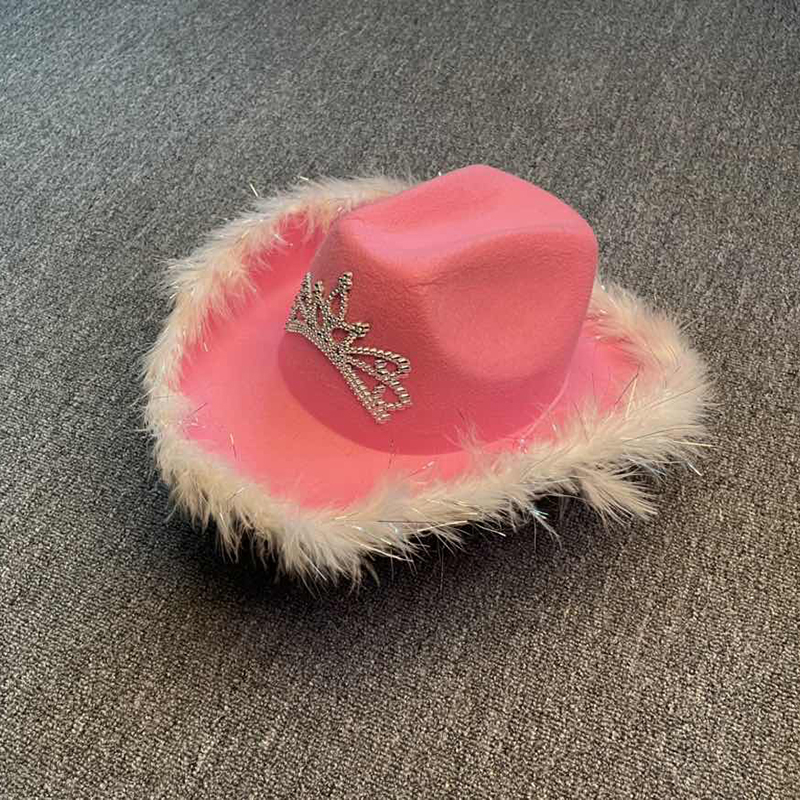 Cowboyhat i westernstil pink #39 til kvinder skæv bred skygge med pailletter dekoration krone tiara cowgirl hat: Lyserød 4