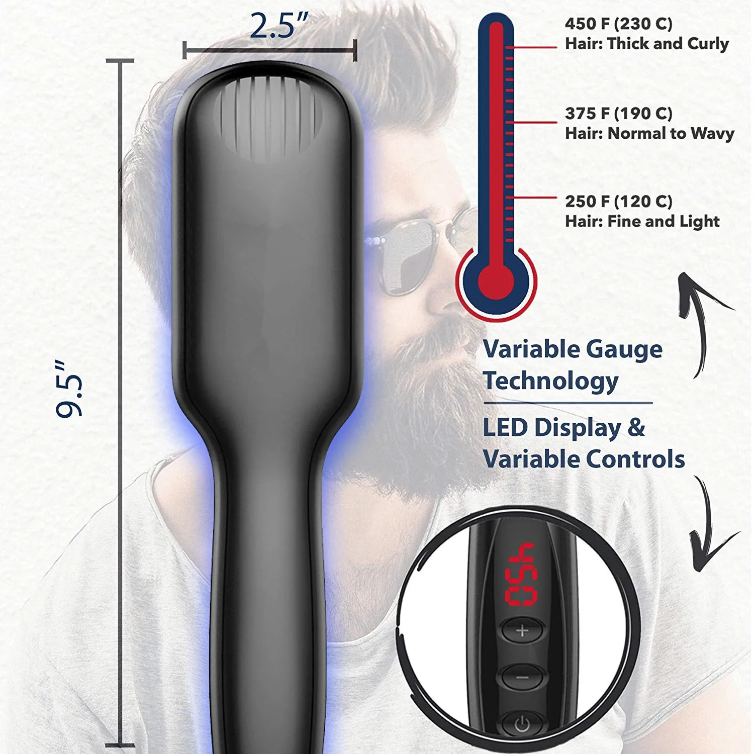 Peine alisador de barba y pelo, cepillo eléctrico de cerámica para alisar el pelo en seco y húmedo, doble uso para bigote