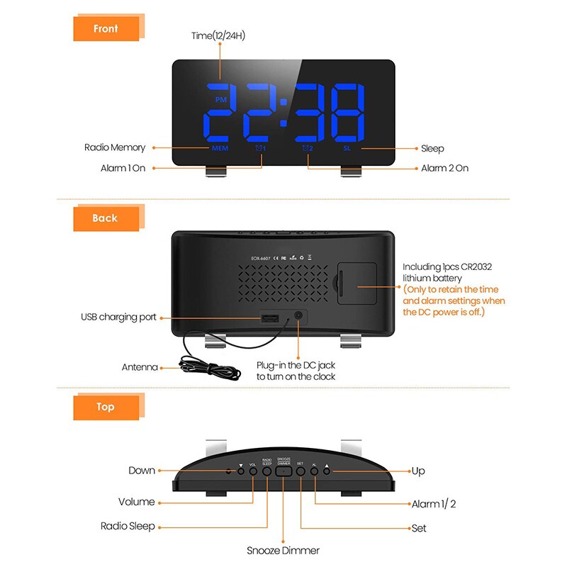 Digitale Wecker, ELEGIANT Alarm Uhren für Schlafzimmer mit FM Radio,Dual Alarme, 6,7 zoll LED Sn,USB Hafen für Ladung, Auto